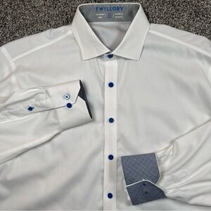 Twillory Performance Mens 16.5-34/35 Tailored Fit Dress Shirt White Blue Buttons